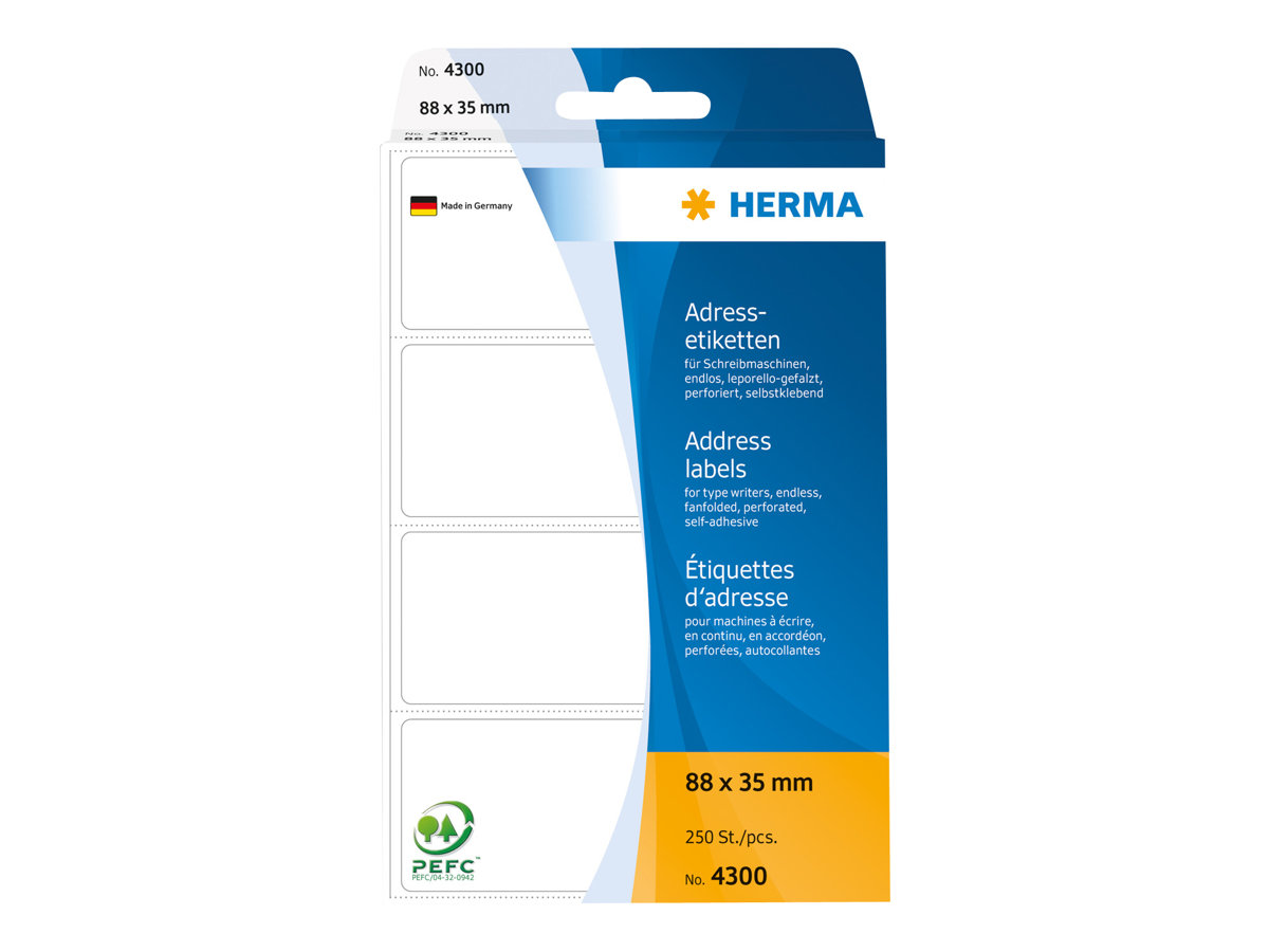 250 HERMA Adressetiketten 4300 weiss 88,0 x 35,0 mm 250 HERMA Adressetiketten 4300 weiss 88,0 x 35,0 mm
