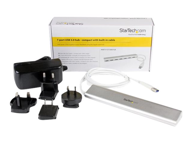 StarTech.com 7 Port kompakter USB 3.0 Hub mit eingebautem Kabel - Aluminium USB Hub - Silber - USB-Umschalter für die gemeinsame Nutzung von Peripheriegeräten - 7 Anschlüsse