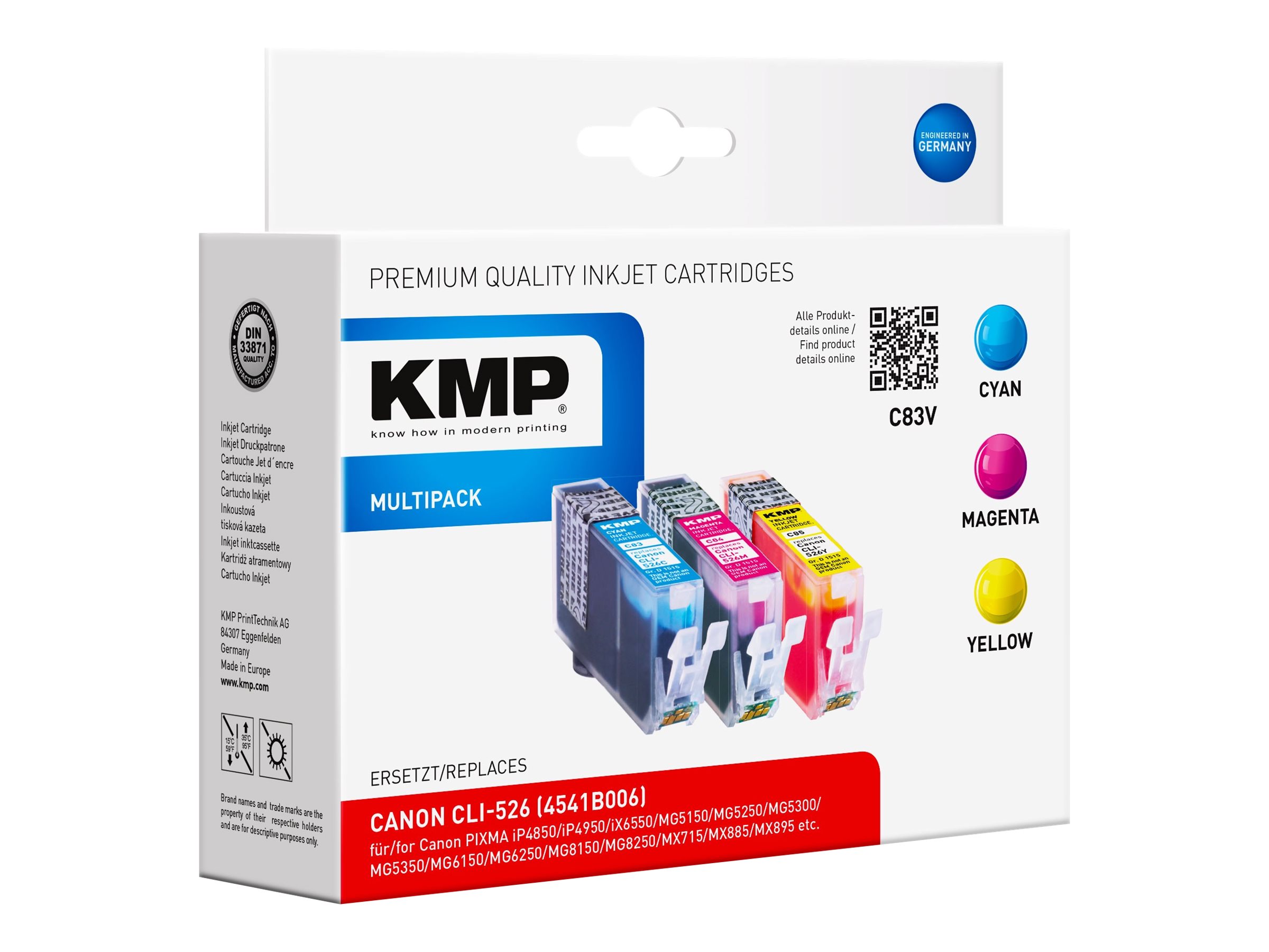 KMP C83V cyan, magenta, gelb Druckerpatronen kompatibel zu Canon CLI-526 C/M/Y, 3er-Set KMP C83V cyan, magenta, gelb Druckerpatronen kompatibel zu Canon CLI-526 C/M/Y, 3er-Set