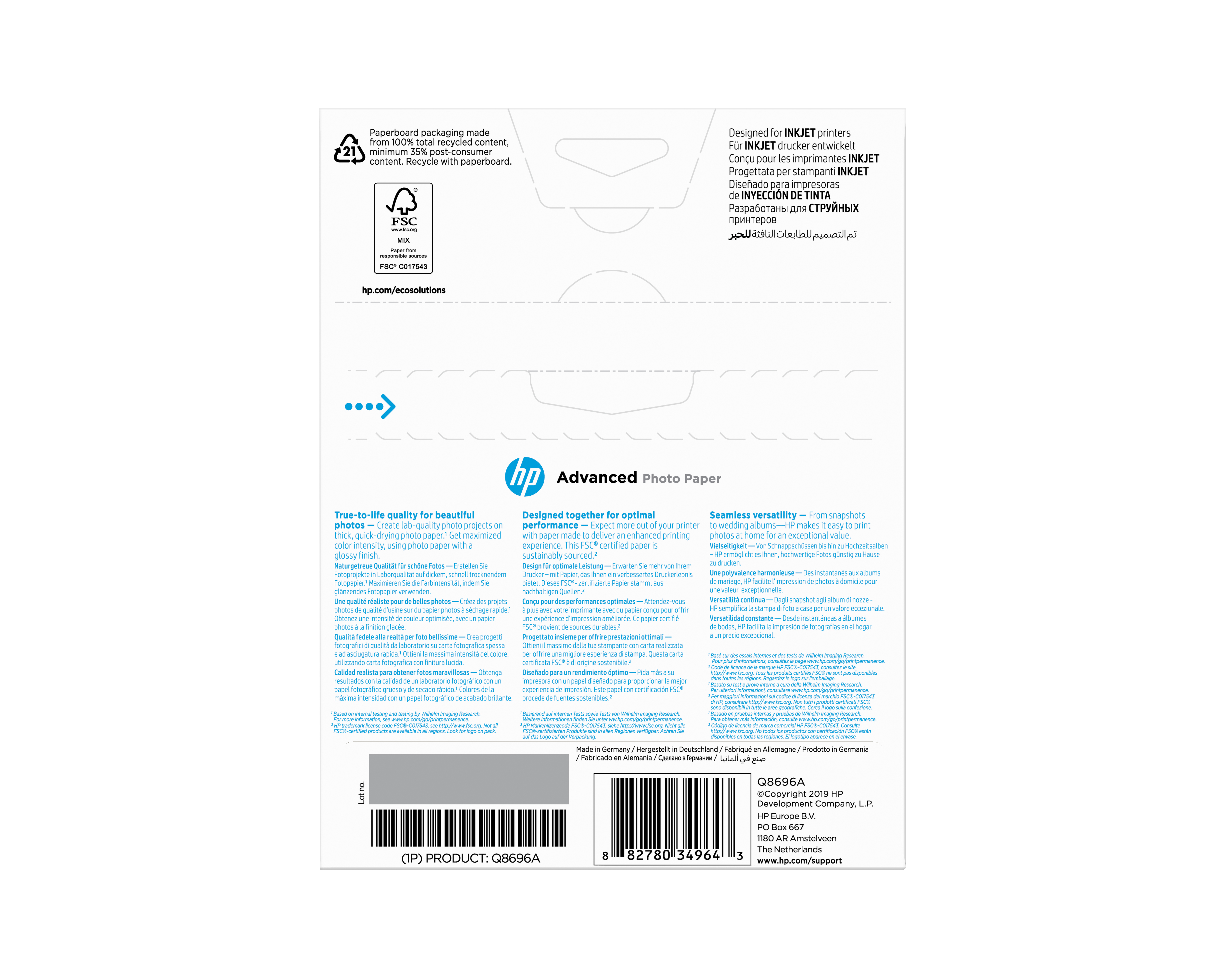 HP original Advanced glossy photo paper Ink cartridge Q8696A 250gm2 130x180mm 25 sheets 1pack borderless