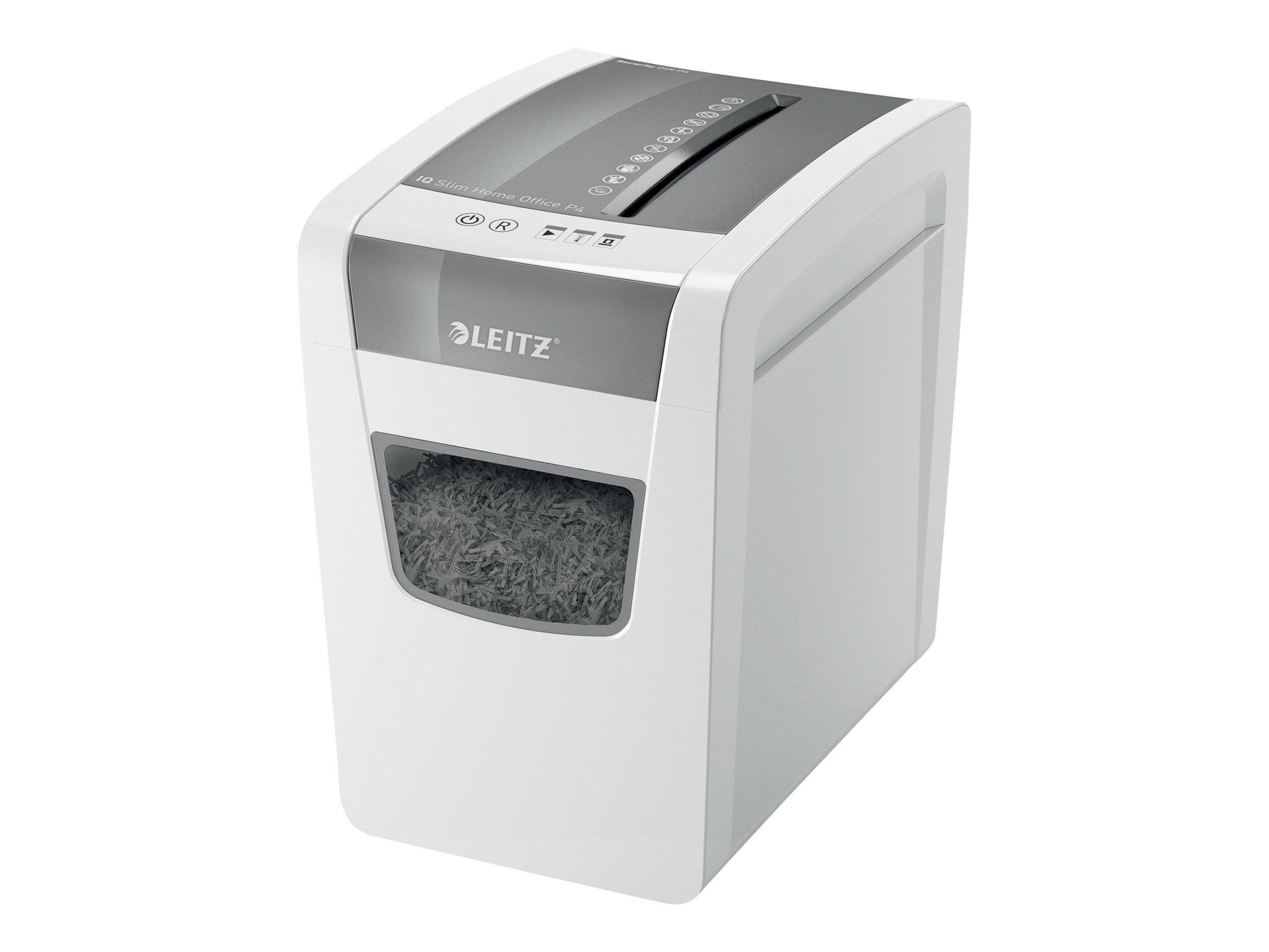 LEITZ IQ Home Office Slim Aktenvernichter mit Partikelschnitt P-4, 4 x 28 mm, bis 10 Blatt, weiss