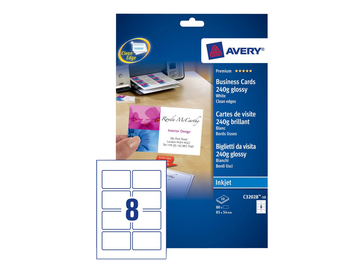 80 AVERY Zweckform Visitenkarten C32028-10 hochglaenzend weiss 240 g/qm 80 AVERY Zweckform Visitenkarten C32028-10 hochglaenzend weiss 240 g/qm