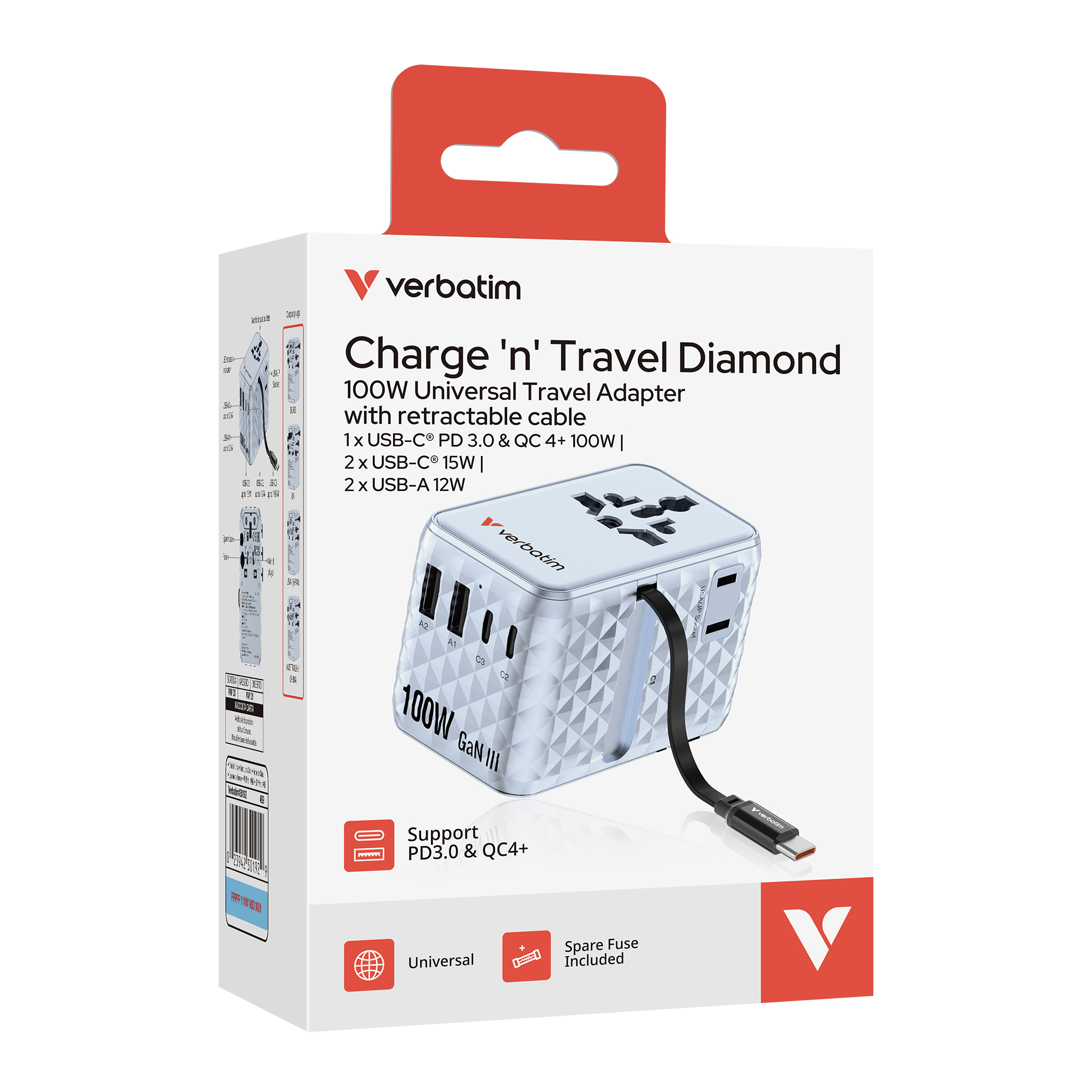 Verbatim ChargenTravel Adapter 100W retractable blue