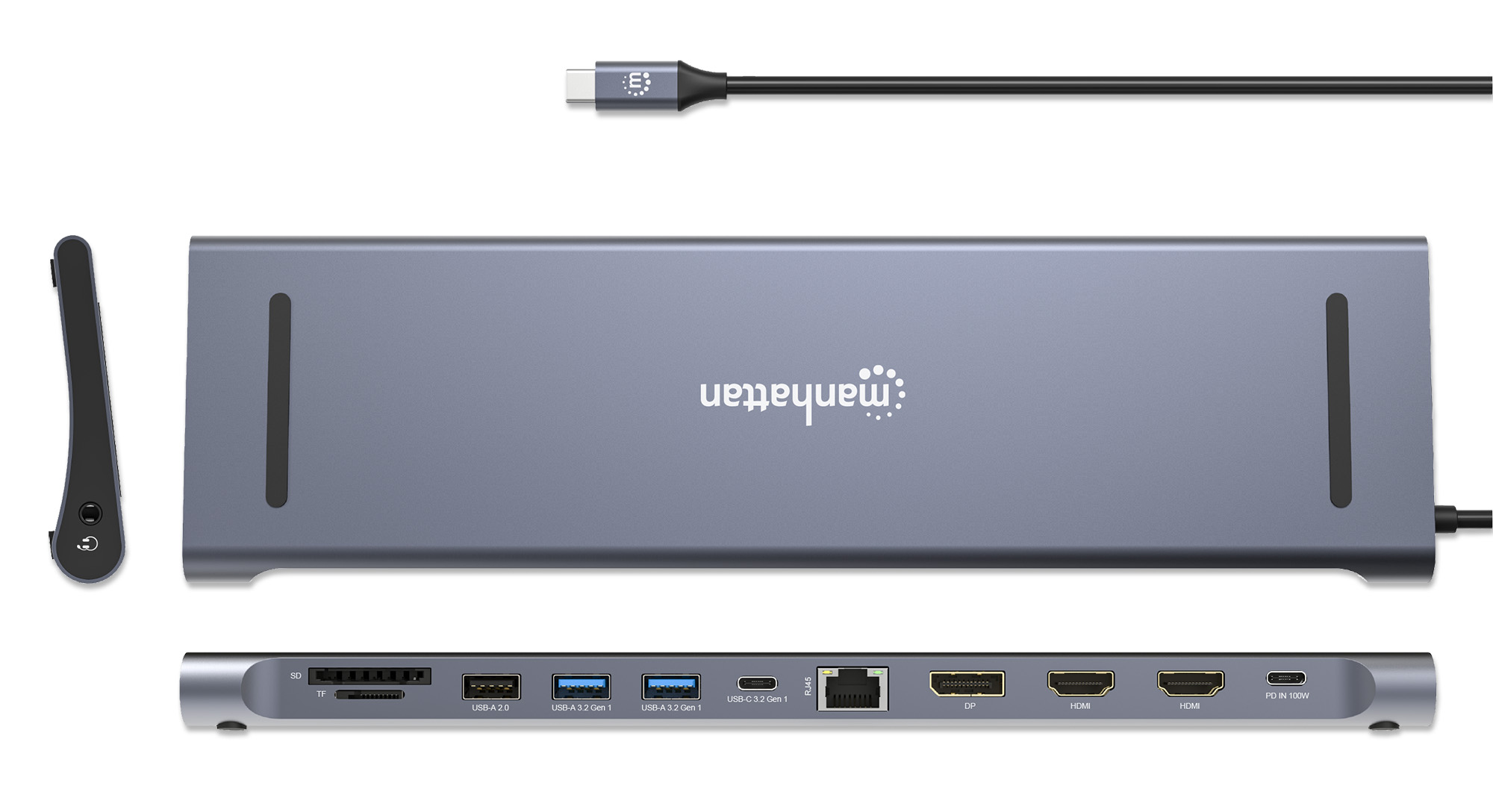 MANHATTAN USBC PD Dockingstation 2xHDMI 1xDisplayPort bis 4K 3xUSBA 1xUSBC bis 5 Gbits USBC PD 100W RJ45 SDMicroSD 3,5mm Audio