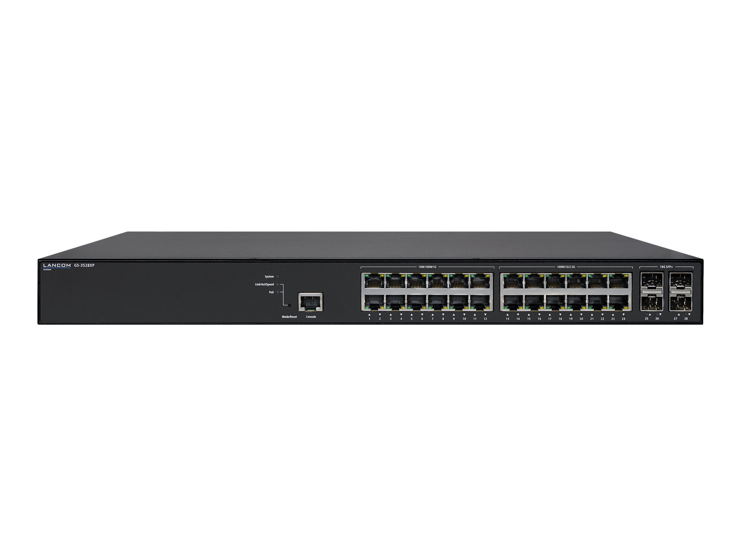 LANCOM GS-3528XP Managed L3-Lite multi-gigabit PoE+ access switch 12x 1GE PoE+ 802.3at 12x 2,5GE PoE+ 802.3at ports 4x 10G SFP+ port LANCOM GS-3528XP Managed L3-Lite multi-gigabit PoE+ access switch 12x 1GE PoE+ 802.3at 12x 2,5GE PoE+ 802.3at ports 4x 10G SFP+ port