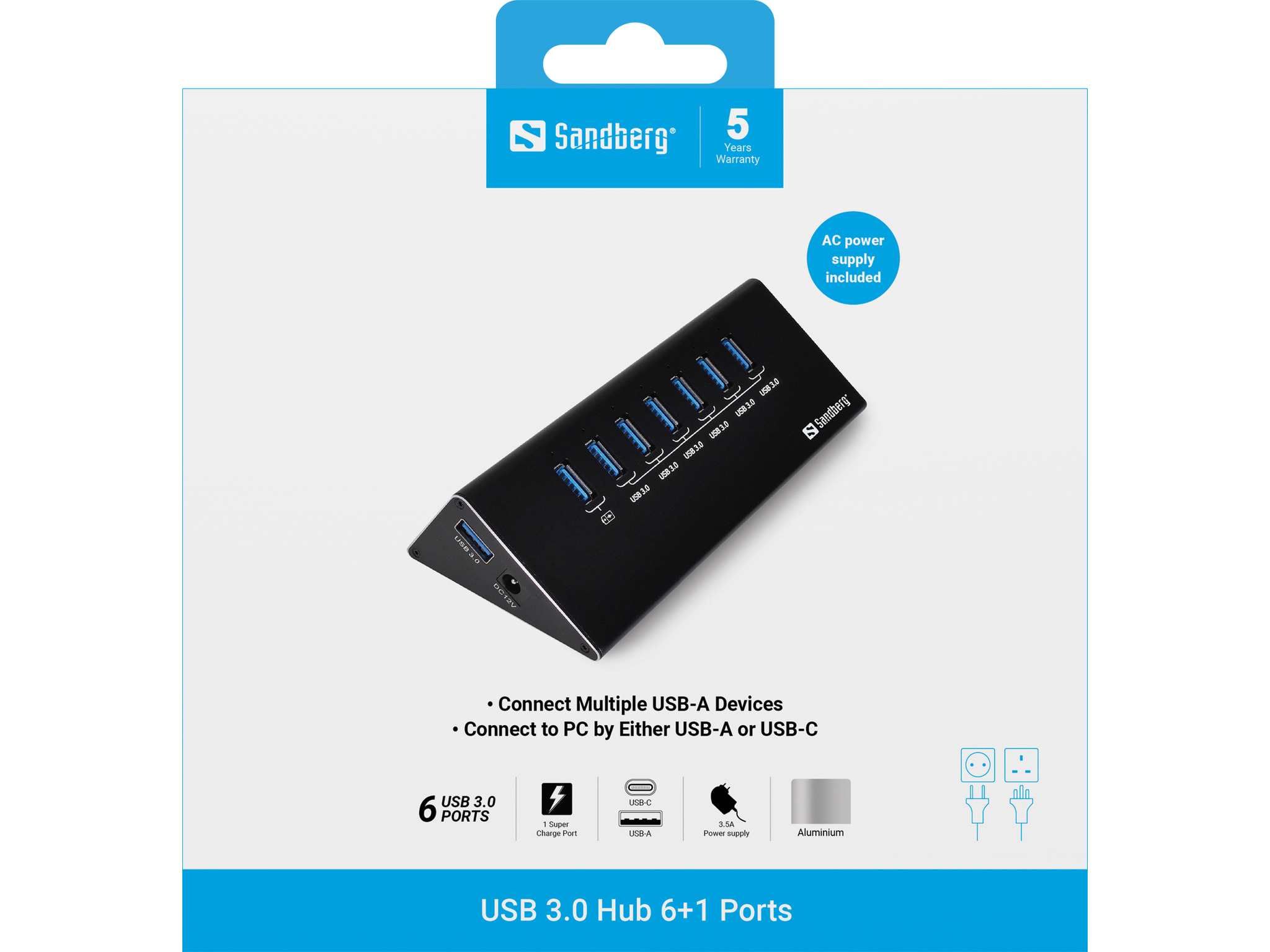 SANDBERG USB 30 Hub 7 ports Siebmal USB 30 Ausgaenge Ueberlastungsschutz 1m USB 30 Kabel und 230V Netzteil im Lieferumfang