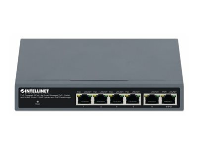INTELLINET PoE-Powered 6-Port Lite Smart Managed PoE+ Switch 4xGbE 2xGbE-Uplink und PoE-Passthrough bis 95W Eingang 60W PoE-Budget