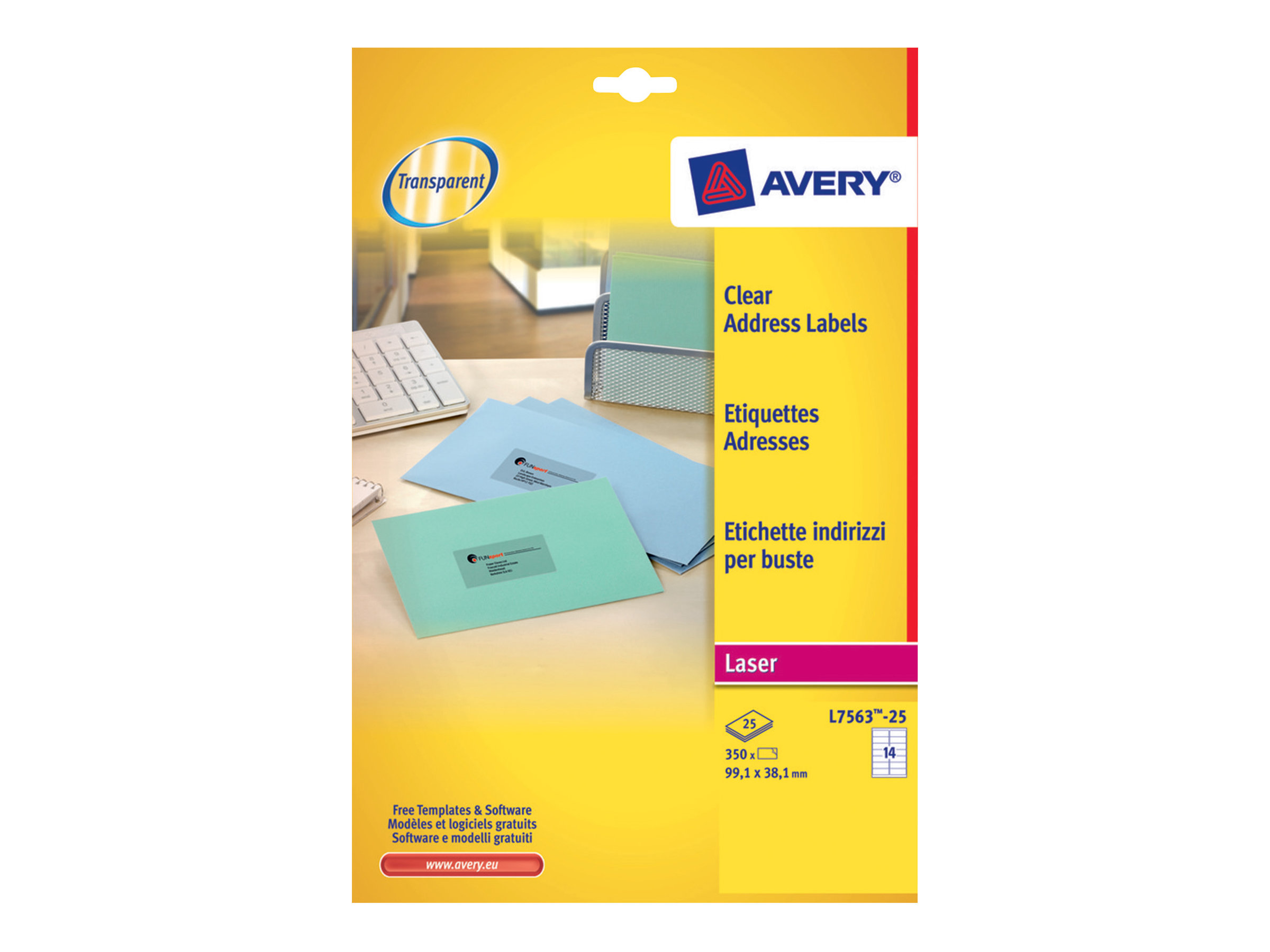 350 AVERY Zweckform Folien-Adressetiketten L7563-25 transparent 99,1 x 38,1 mm 350 AVERY Zweckform Folien-Adressetiketten L7563-25 transparent 99,1 x 38,1 mm