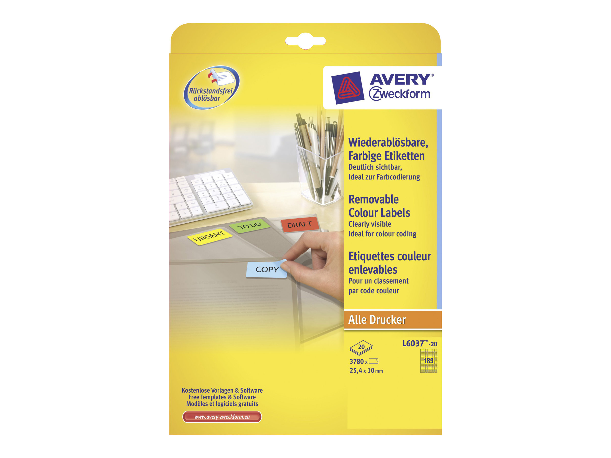 3.780 AVERY Zweckform Etiketten L6037-20 gelb 25,4 x 10,0 mm 3.780 AVERY Zweckform Etiketten L6037-20 gelb 25,4 x 10,0 mm