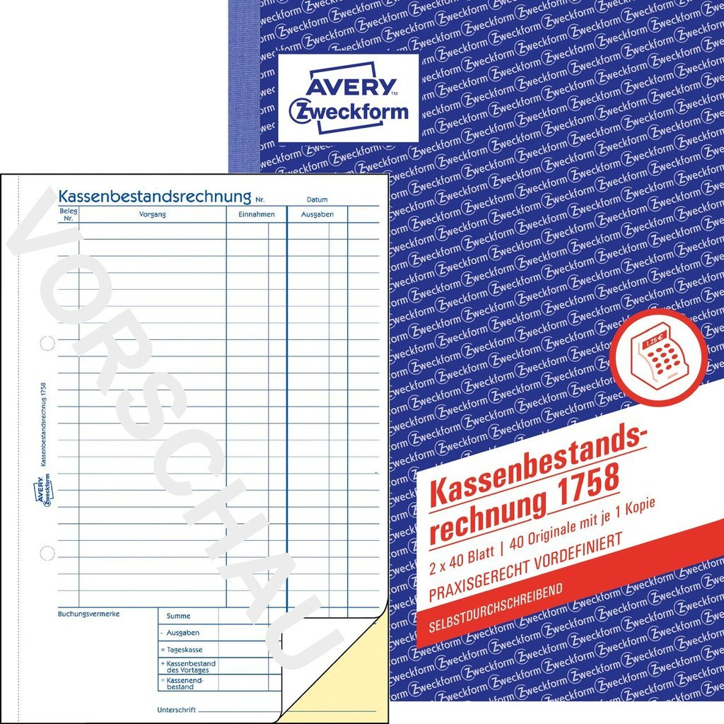 AVERY Zweckform Kassenbericht/Bestandsrechnung Formularbuch 1758