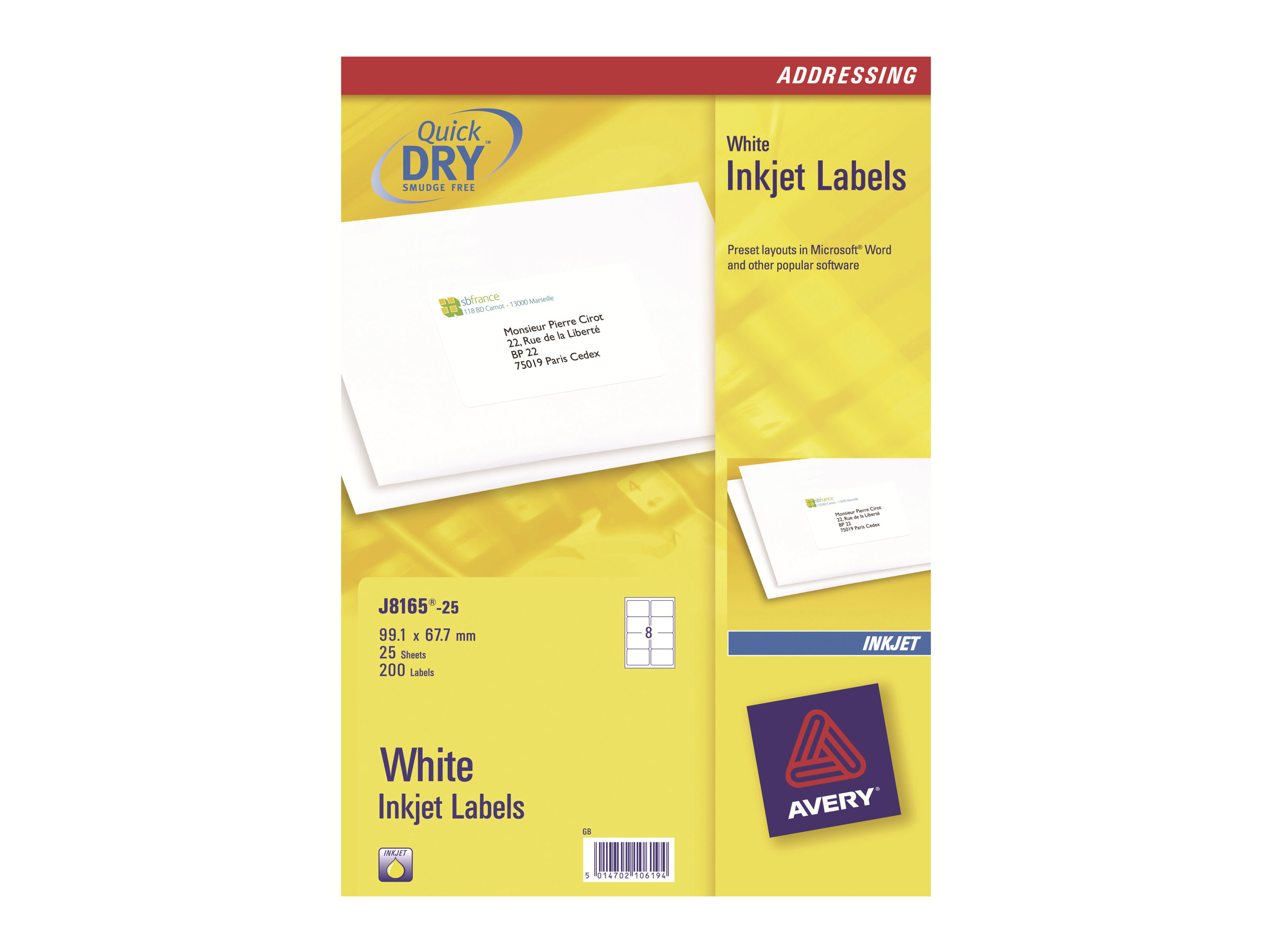 200 AVERY Zweckform Versandetiketten J8165-25 weiss 99,1 x 67,7 mm 200 AVERY Zweckform Versandetiketten J8165-25 weiss 99,1 x 67,7 mm