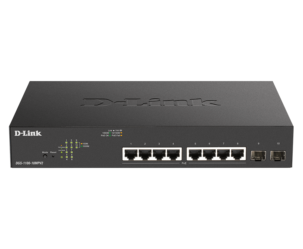 DLINK DGS110010MPV2E 10Port Layer2 PoE Gigabit Smart Switch 8x 101001000 PoE 2x 1000 Mbits SFP