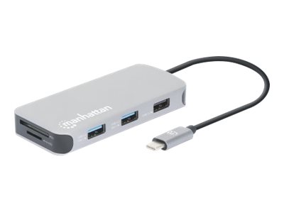 MANHATTAN USB-C 8-in-1-Dockingstation mit Power Delivery 100 W Typ C-Stecker auf HDMI 4K30Hz 3x USB-A 5 Gbit/s RJ45 Kartenleser Alu