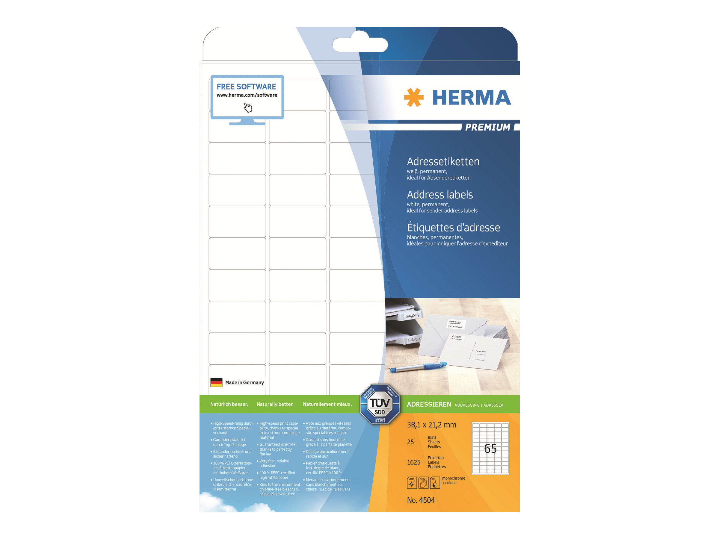 1.625 HERMA Adressetiketten 4504 weiÃ 38,1 x 21,2 mm