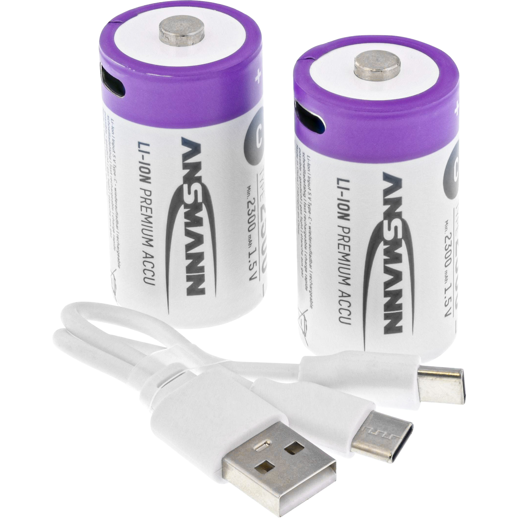 2 ANSMANN USB-Akkus mit Ladekabel 2500 Baby C 2.300 mAh