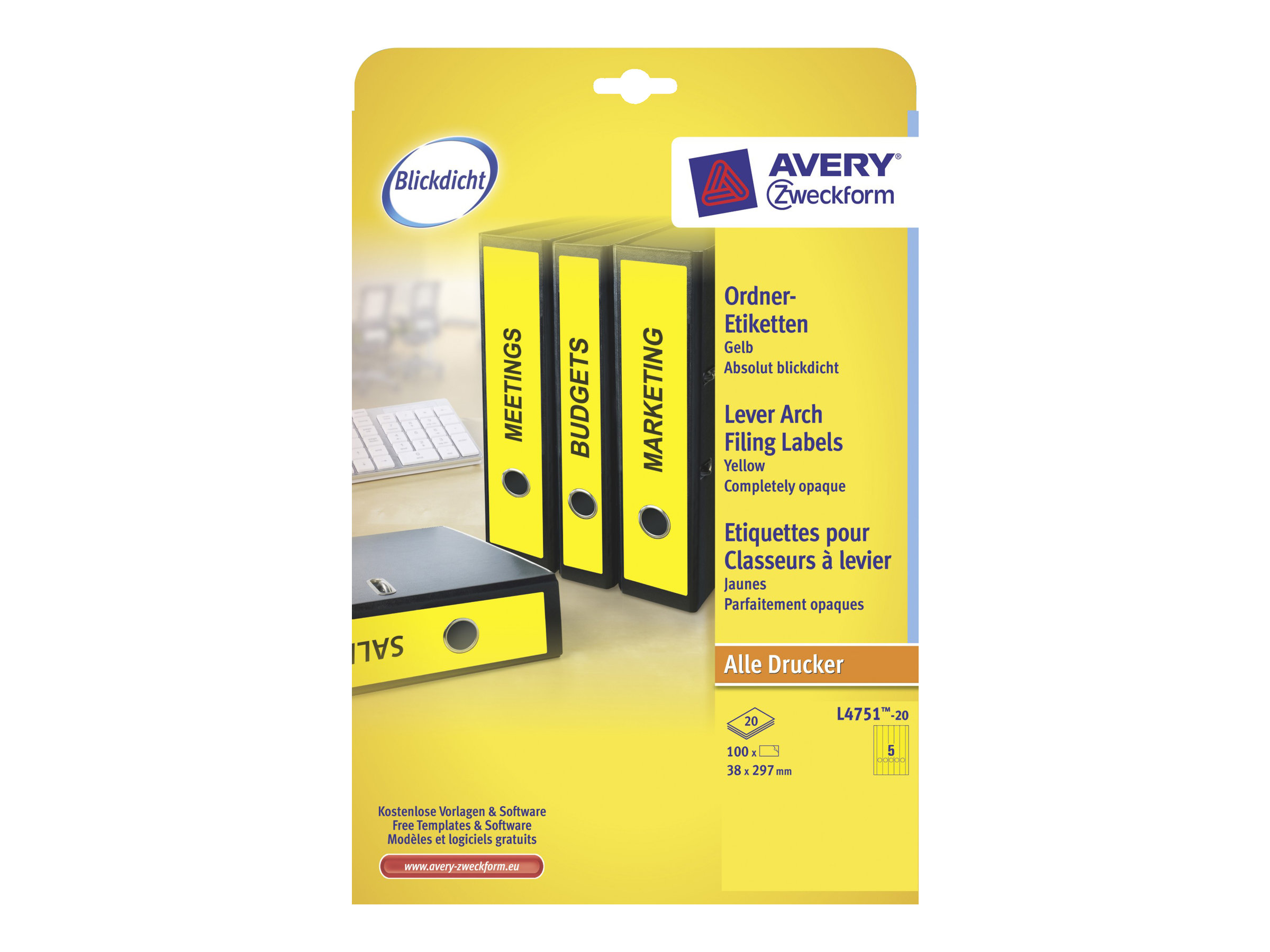 100 AVERY Zweckform Ordneretiketten L4751-20 gelb