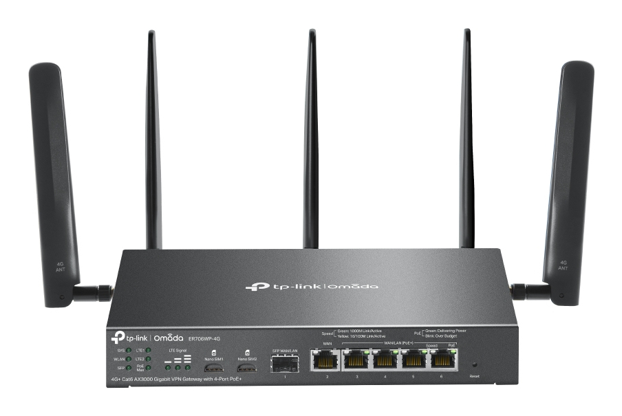 TPLINK ER706WP4G Omada DualBand Gigabit WLAN Router 4G Cat6 AX3000 VPN 4Port PoE