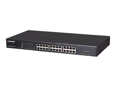 INTELLINET 24-Port PoE Gigabit Switch Web-Managed 2 GBIC SFP Ports Ausgangsleistung bis zu 30 Watt pro Port PoE+ IEEE 802.3at/af