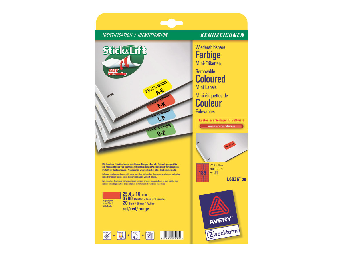 3.780 AVERY Zweckform Etiketten L6036-20 rot 25,4 x 10,0 mm 3.780 AVERY Zweckform Etiketten L6036-20 rot 25,4 x 10,0 mm