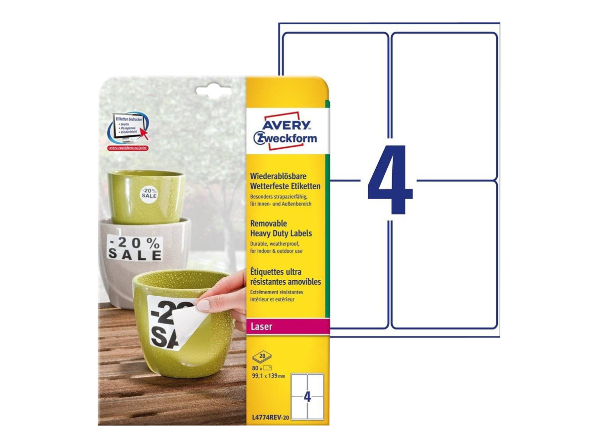 80 AVERY Zweckform wetterfeste Folienetiketten L4774REV-20 weiss 99,1 x 139,0 mm 80 AVERY Zweckform wetterfeste Folienetiketten L4774REV-20 weiss 99,1 x 139,0 mm