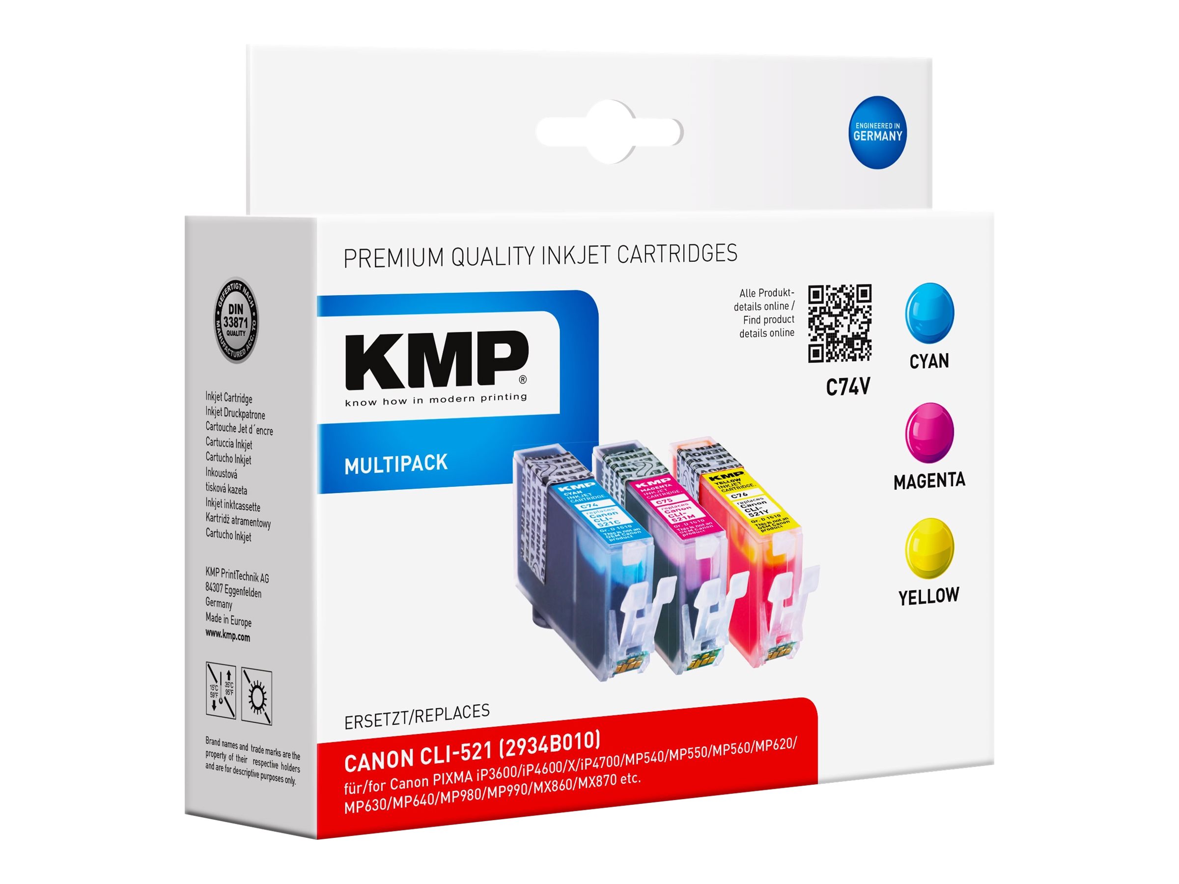 KMP C74V cyan, magenta, gelb Druckerpatronen kompatibel zu Canon CLI-521 C/M/Y, 3er-Set KMP C74V cyan, magenta, gelb Druckerpatronen kompatibel zu Canon CLI-521 C/M/Y, 3er-Set