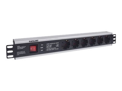 INTELLINET 48,3cm 19Zoll Steckdosenleiste 6-fach SCHUKO mit Ueberspannungsschutz 3m Stromkabel 1,5 HE
