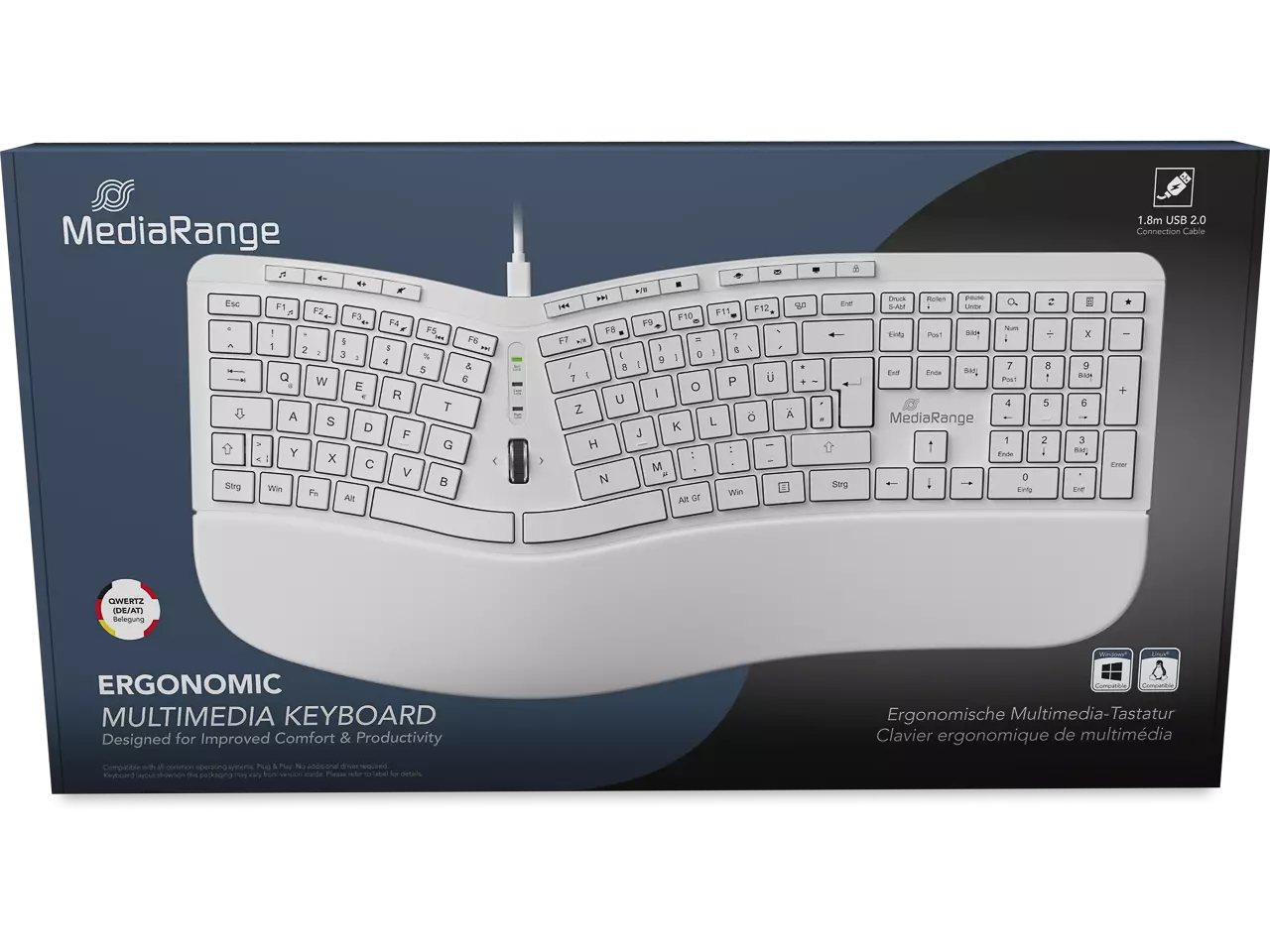 MediaRange Multimedia Tastatur ergonomisch 1.8m