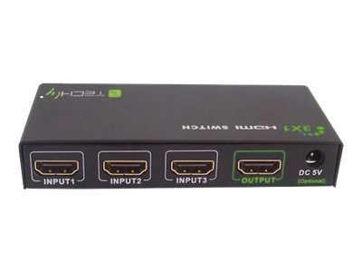 TECHLY HDMI Switch 4K UHD 3D 3-Wege schwarz 3xHDMI Buchse Eingaenge 1xHDMI Buchse Ausgang 1x Eingang DDC-Signal 5V