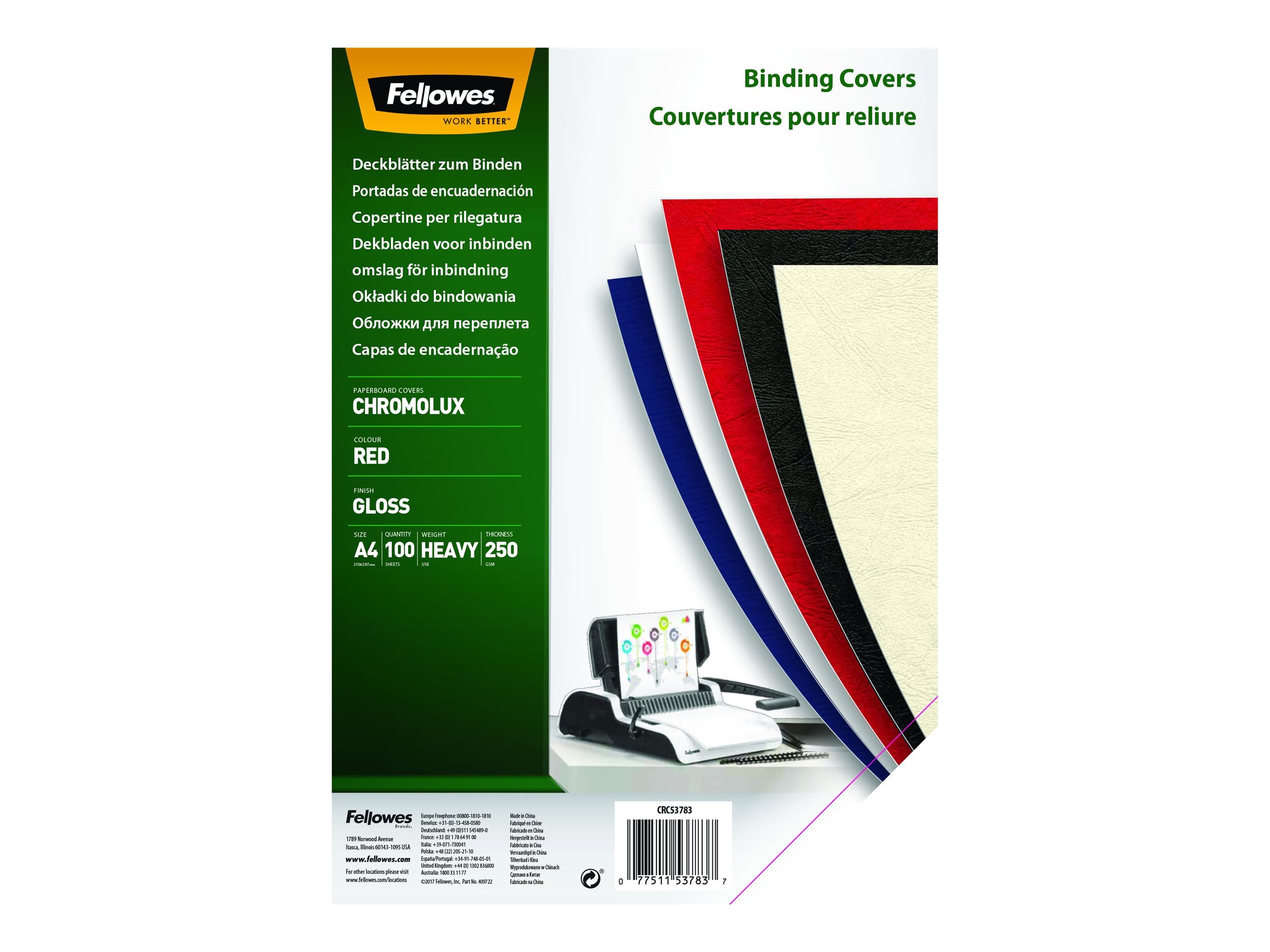 Fellowes Rueckwaende fuer Bindemappen Chromolux rotweiss, DIN A4 250 gqm, 100 St