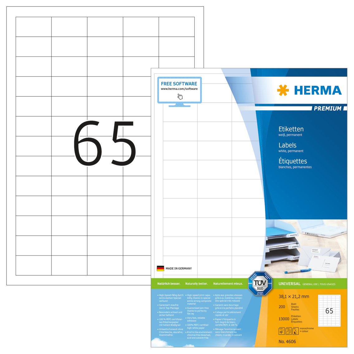 13.000 HERMA Etiketten 4606 weiss 38,1 x 21,2 mm
