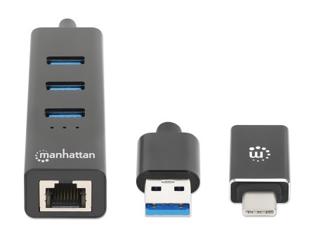 MANHATTAN 3Port USB 30 TypC TypA KomboHub mit GigabitNetzwerkadapter 5Gbits SuperSpeed USB Stromversorgung über USB schwarz