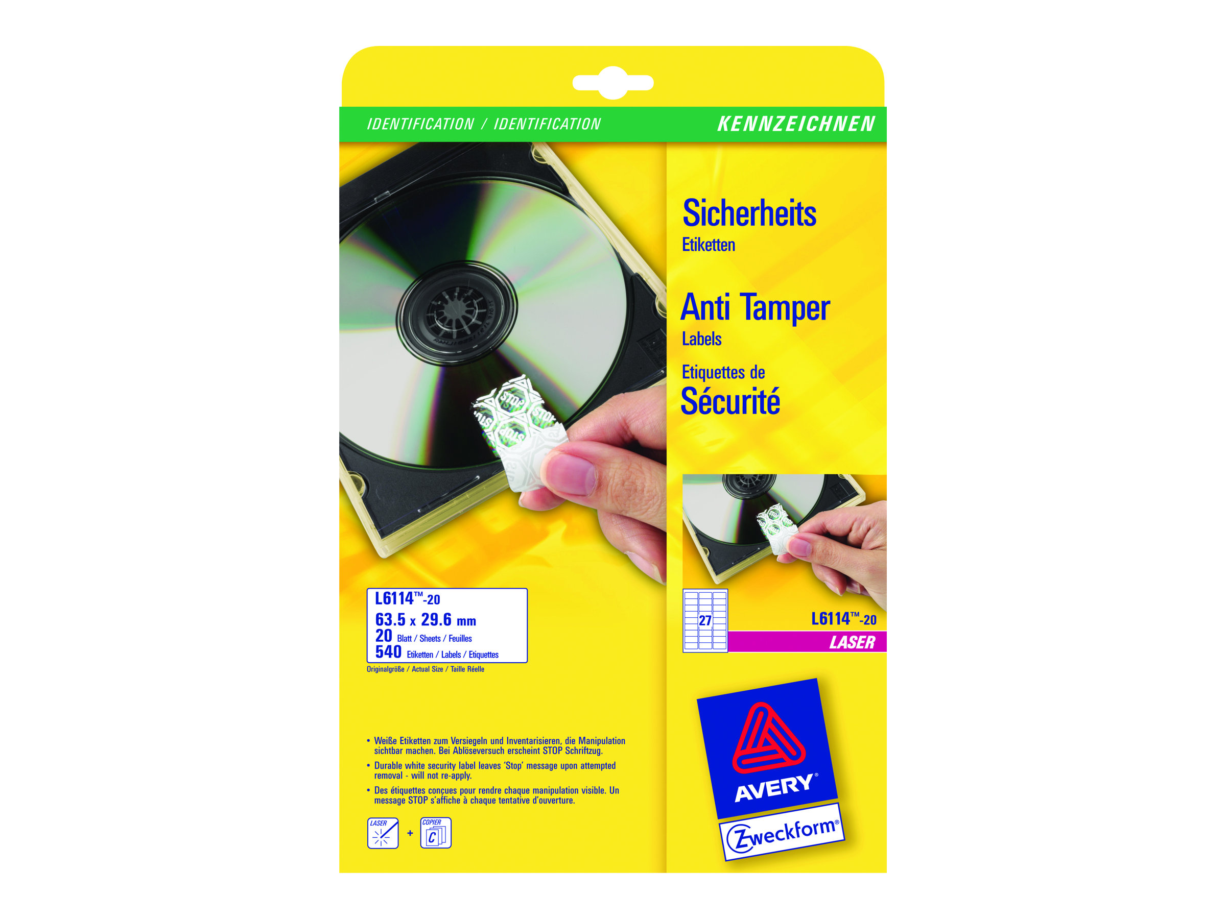 540 AVERY Zweckform Sicherheitsetiketten L6114-20 weiss 63,5 x 29,6 mm 540 AVERY Zweckform Sicherheitsetiketten L6114-20 weiss 63,5 x 29,6 mm
