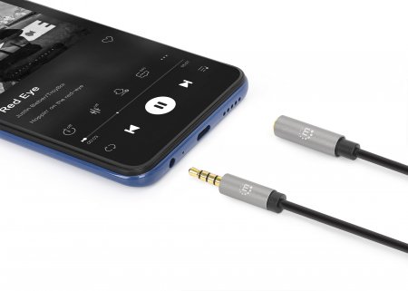 MANHATTAN AudioVerlängerungskabel Aux 3,5mm Klinke Stecker auf Buchse 3m vergoldete Kontakte Slim Design schwarzsilber