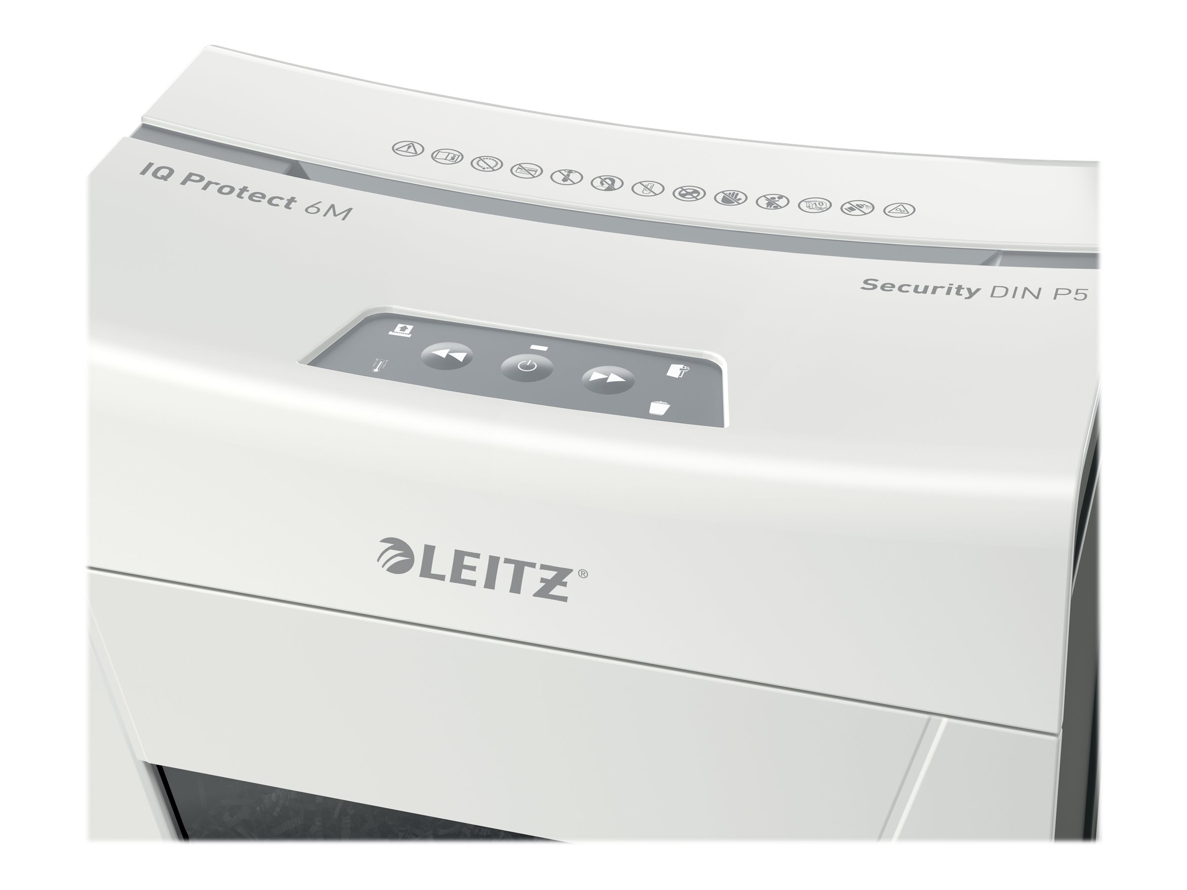 LEITZ IQ 6M Protect Premium Aktenvernichter mit Partikelschnitt P-5, 2 x 15 mm, bis 6 Blatt, weiss