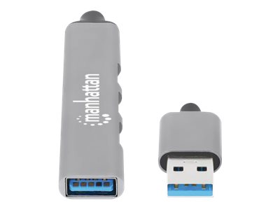MANHATTAN 4-Port USB 3.0/2.0 Kombo-Hub USB-A-Stecker auf ein5 Gbit/s USB 3.2 Gen1-Port drei 480 Mbit/s USB 2.0-Ports Aluminium grau
