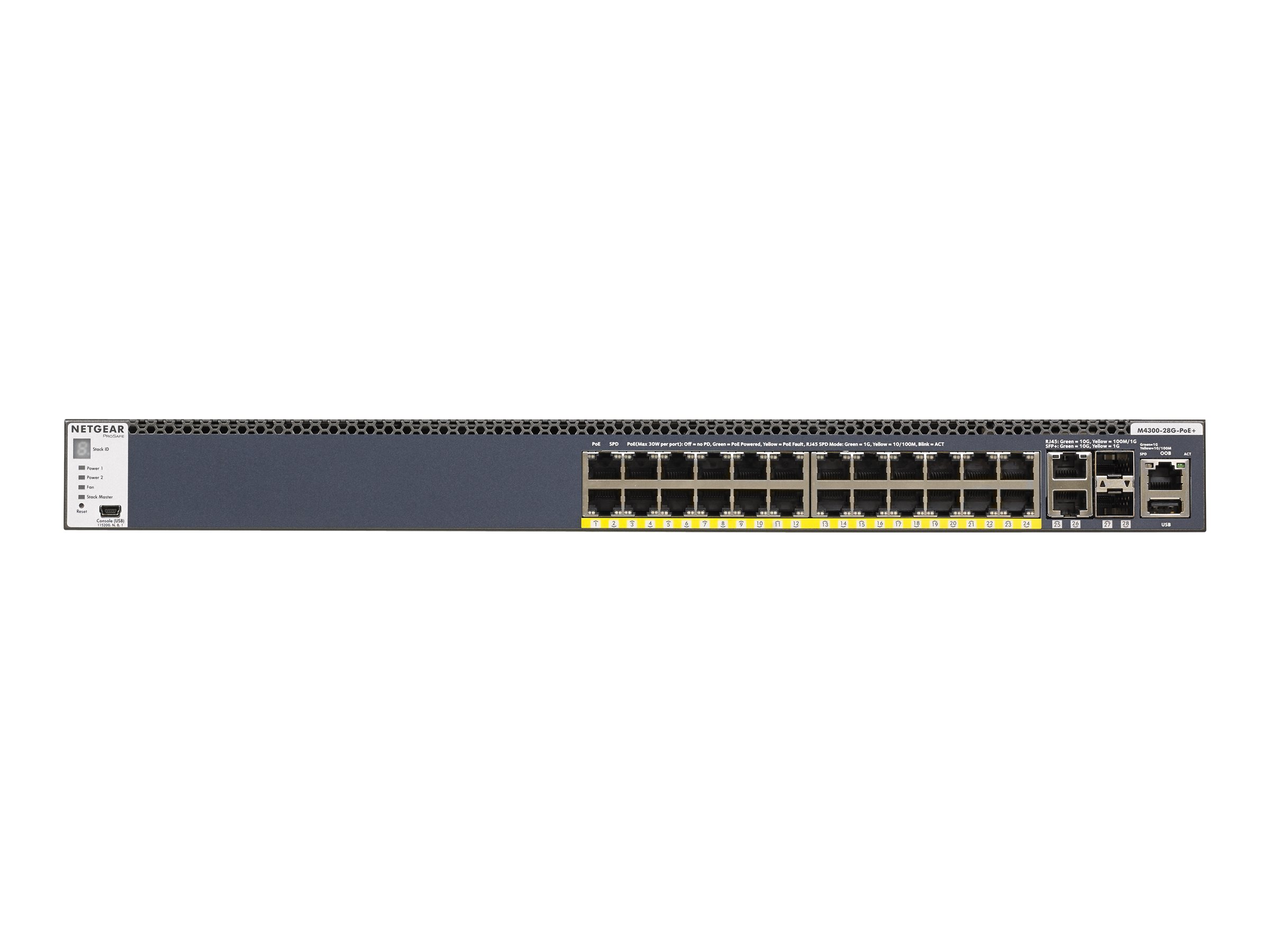 NETGEAR M4300-28G-PoE+ 1,000W PSU stackl.mgd.Switch mit 24x1G PoE+ and 4x10G incl. 2x10GBASE-T und 2xSFP+ Layer 3 GSM4328PB