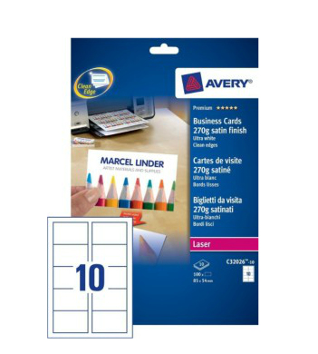 100 AVERY Zweckform Visitenkarten C32026-10 satiniert weiÃ 270 g/qm