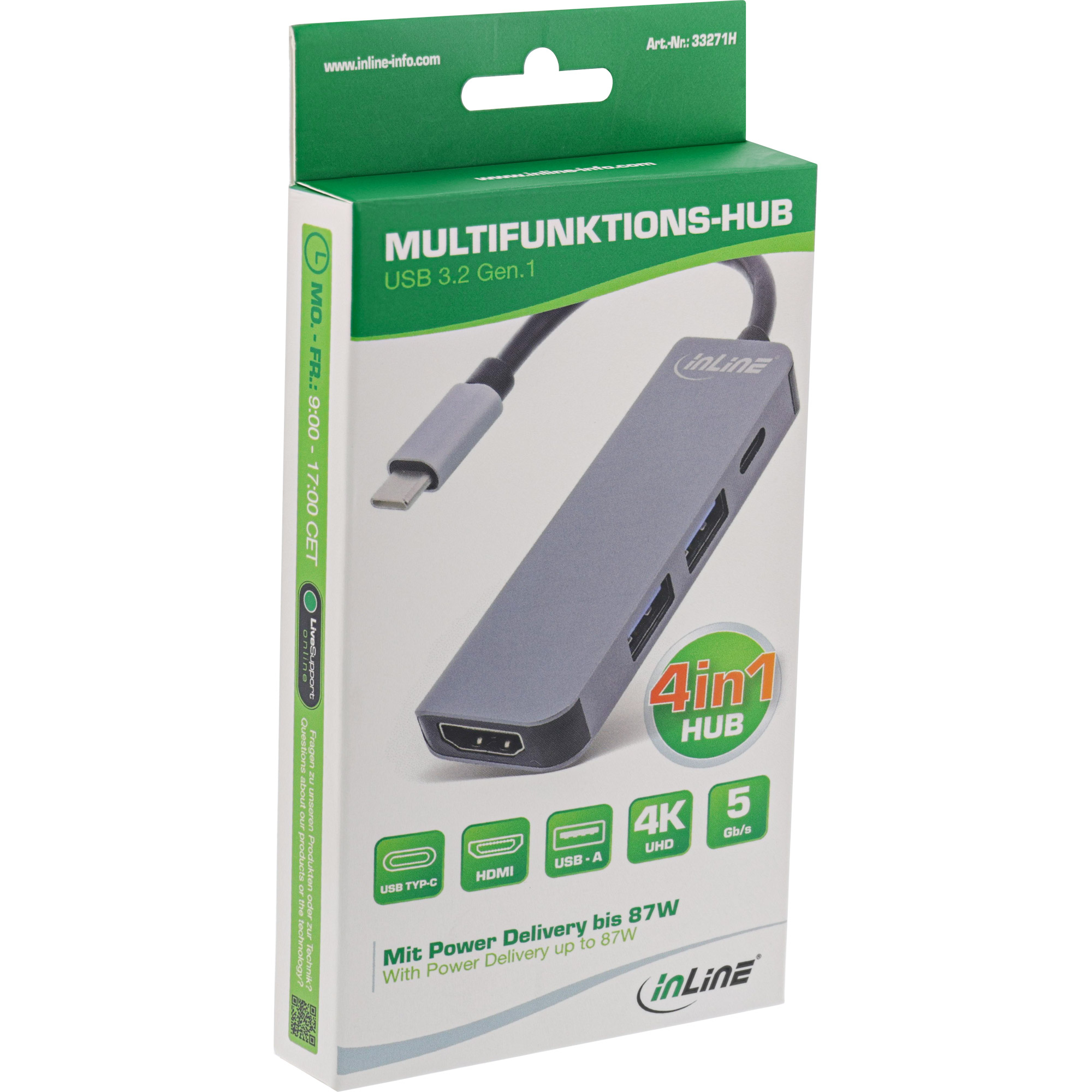 INLINE Multifunktions-HUB USB 3.2 Gen.1 2x USB-A 5Gbps HDMI 4K 30Hz USB Type-C PD 87W aluminium grau