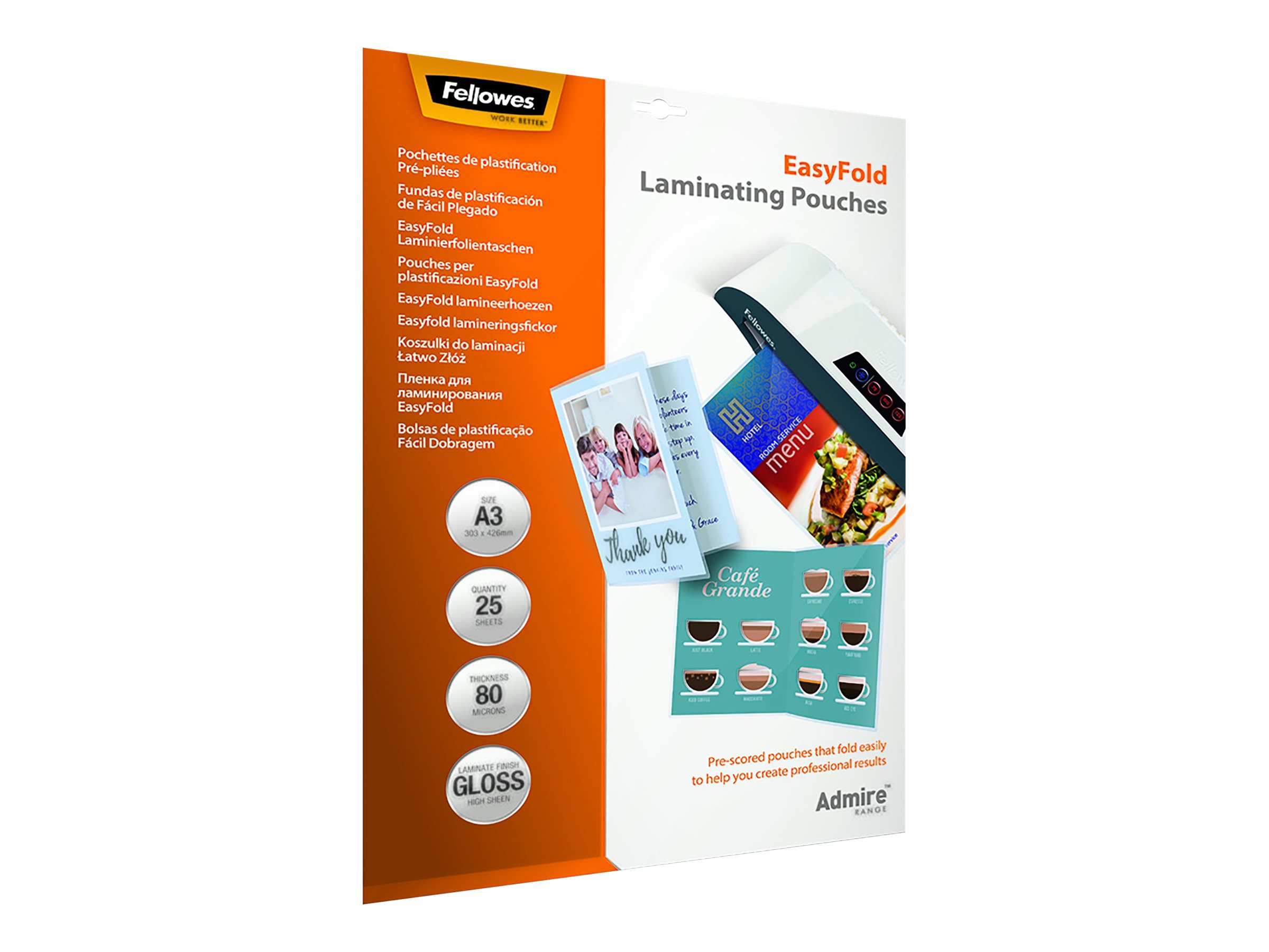 25 Fellowes Admire Easy Fold Laminierfolien glaenzend fuer A3 80 micron 25 Fellowes Admire Easy Fold Laminierfolien glaenzend fuer A3 80 micron