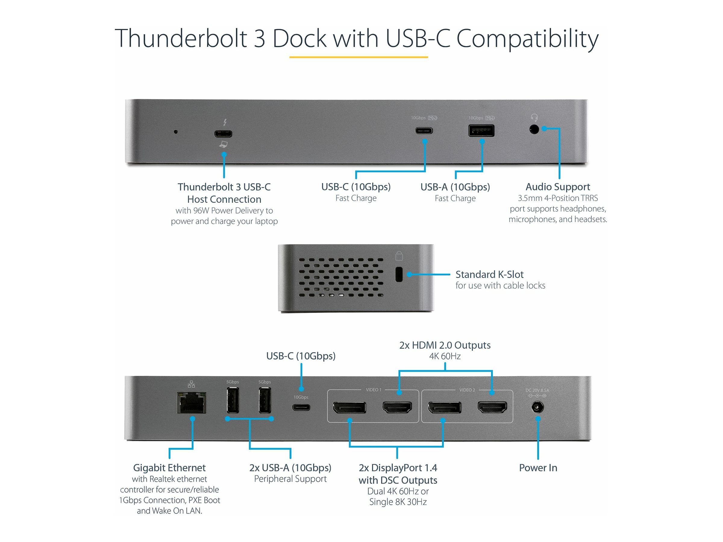 STARTECH.COM Thunderbolt 3 Dock with USB-C Host Compatibility - Dual 4K 60Hz DP 1.4 or HDMI - 8K - 96W PD STARTECH.COM Thunderbolt 3 Dock with USB-C Host Compatibility - Dual 4K 60Hz DP 1.4 or HDMI - 8K - 96W PD