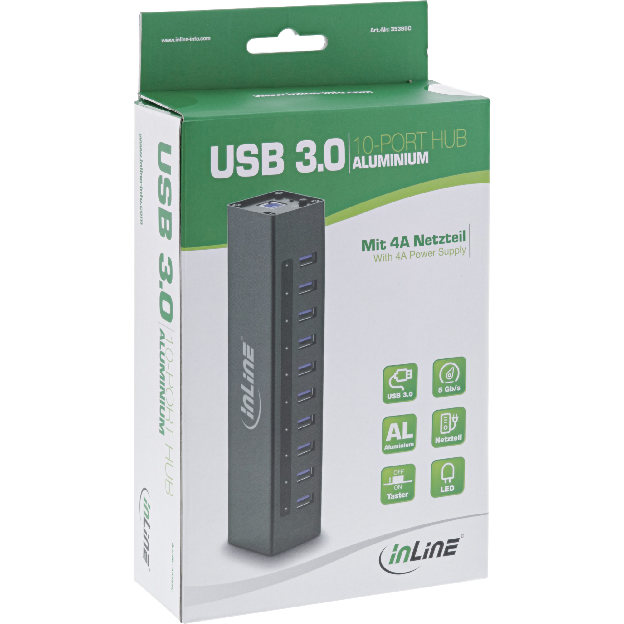 INLINE USB 3.0 Hub 10 Port Aluminiumgehäuse schwarz mit 4A Netzteil