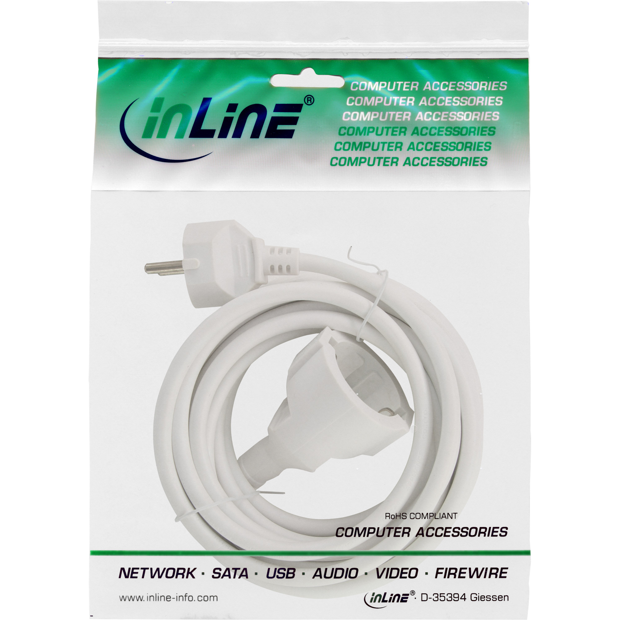 INLINE Strom-Verlaengerung Schutzkontakt Stecker Buchse weiss 1m INLINE Strom-Verlaengerung Schutzkontakt Stecker Buchse weiss 1m