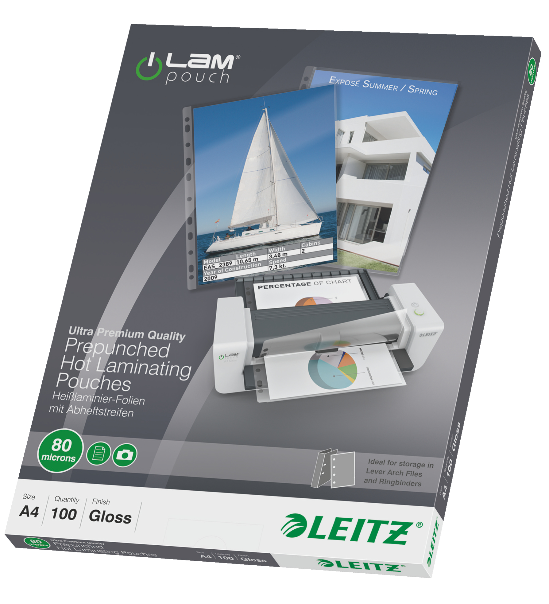 Esselte Leitz Laminierfolie glänzend A4 Universal‑Lochung 100 St