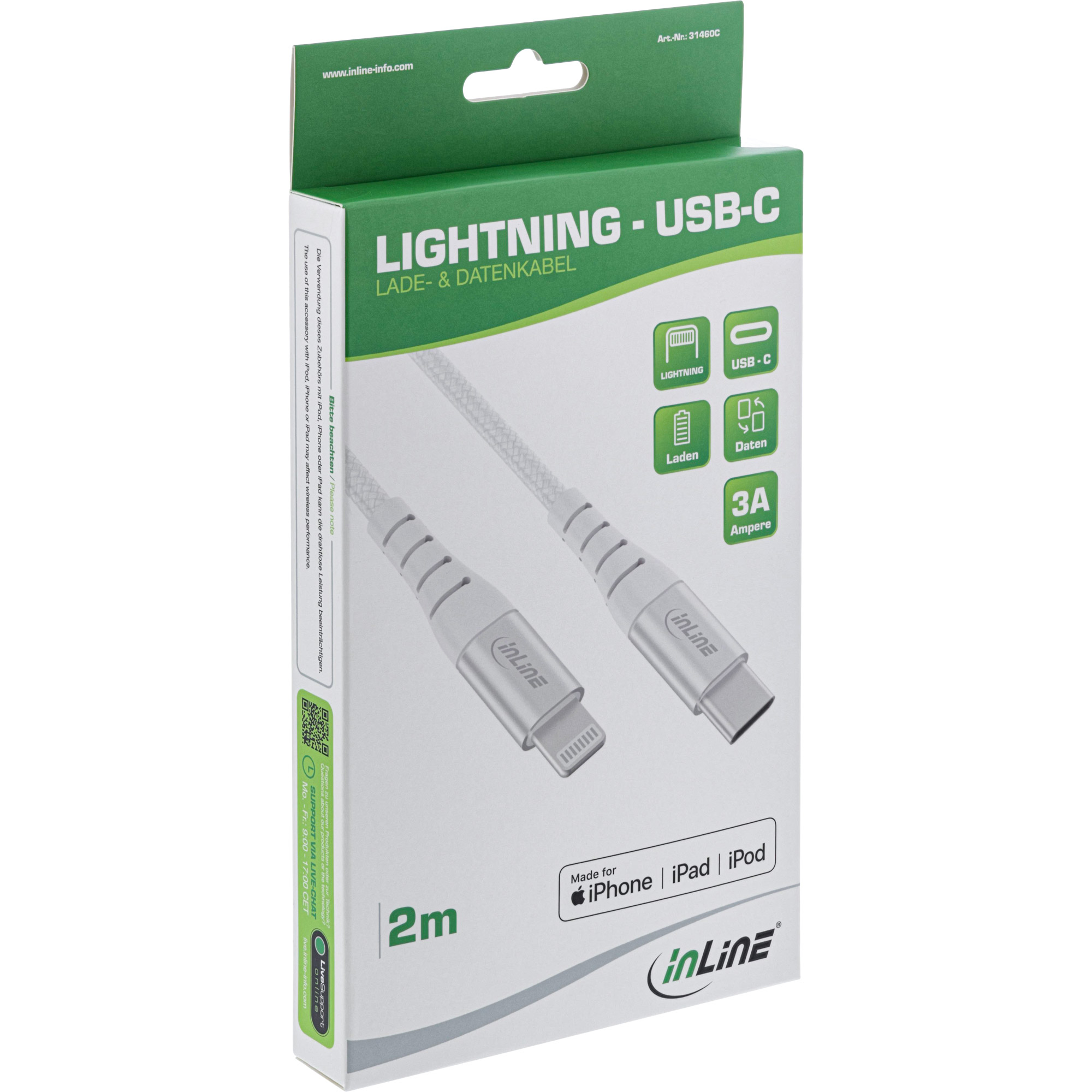 INLINE USB-C Lightning Kabel fuer iPad iPhone iPod Alu MFi-zertifiziert silber 2m INLINE USB-C Lightning Kabel fuer iPad iPhone iPod Alu MFi-zertifiziert silber 2m