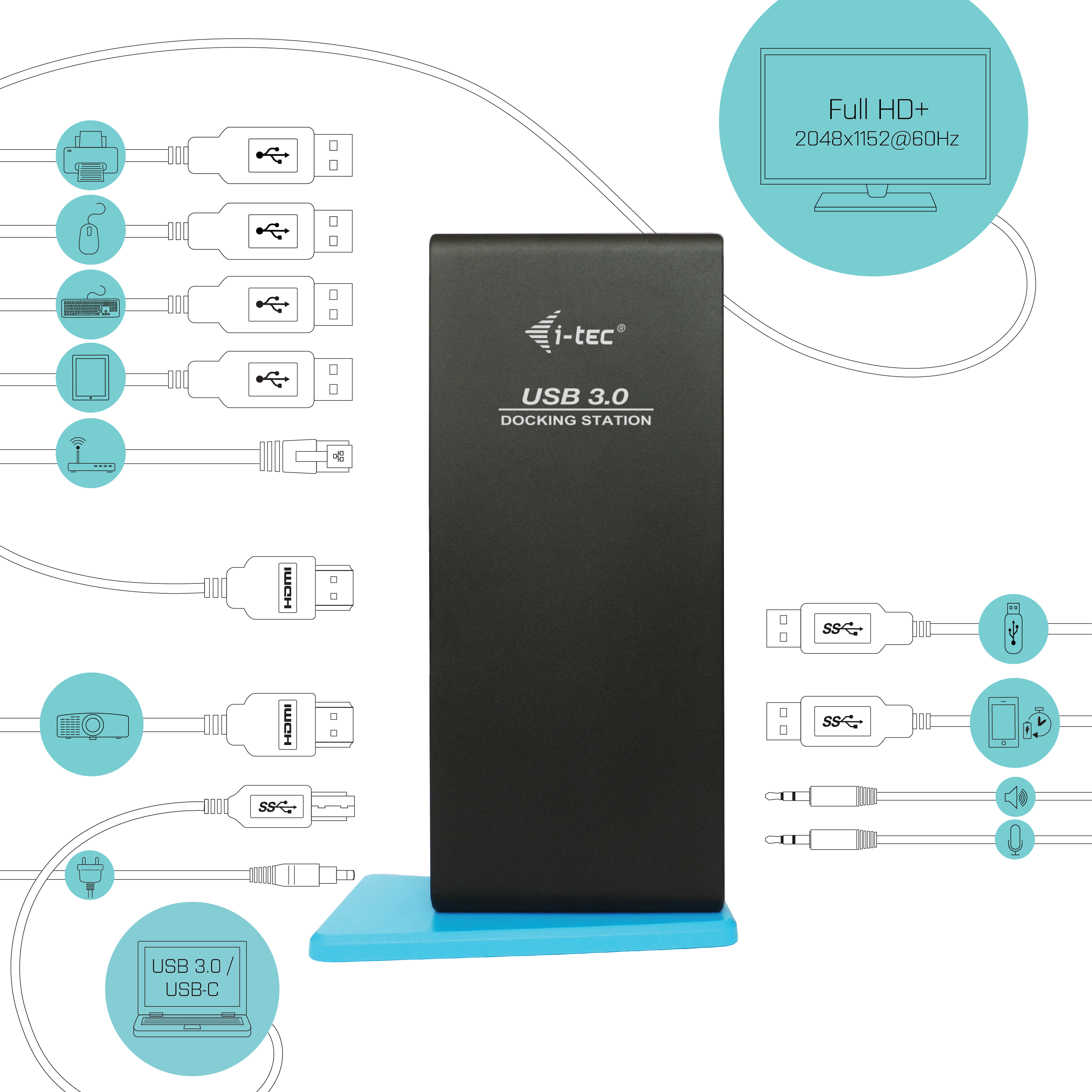 ITEC USB 30USBC Dual HDMI Docking Station 2x HDMI 1x GLAN 2x USB 30 4x USB 20 1x Audio 1x Mic USB 30 Kabel mit USBC adapter