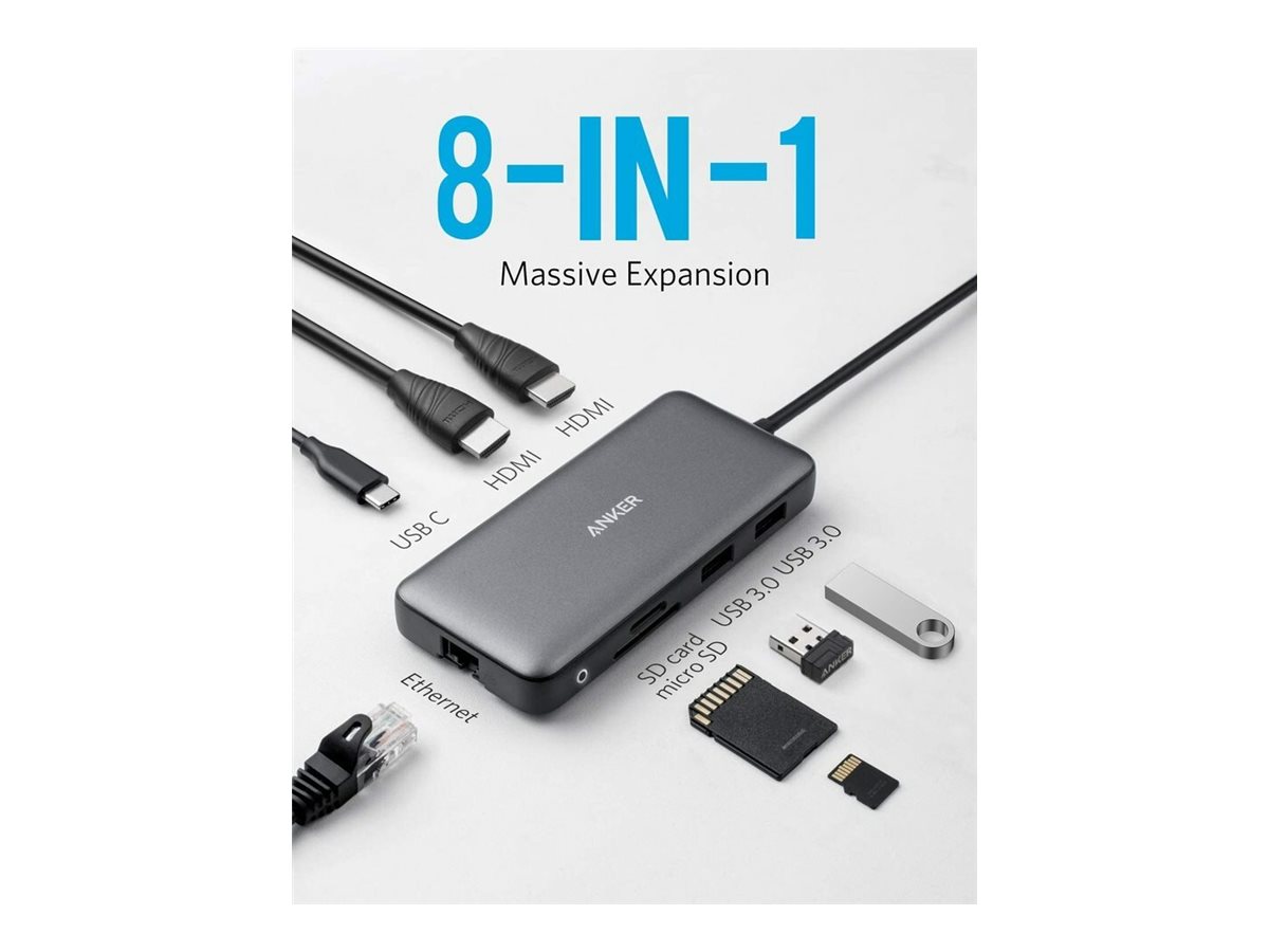 ANKER 553 USB-C Hub (8-in-1) 2x HDMI 1x USB-C 2x USB-A 1x Ethernet 1x microSD/SD 100W Power Delivery (PD) ANKER 553 USB-C Hub (8-in-1) 2x HDMI 1x USB-C 2x USB-A 1x Ethernet 1x microSD/SD 100W Power Delivery (PD)