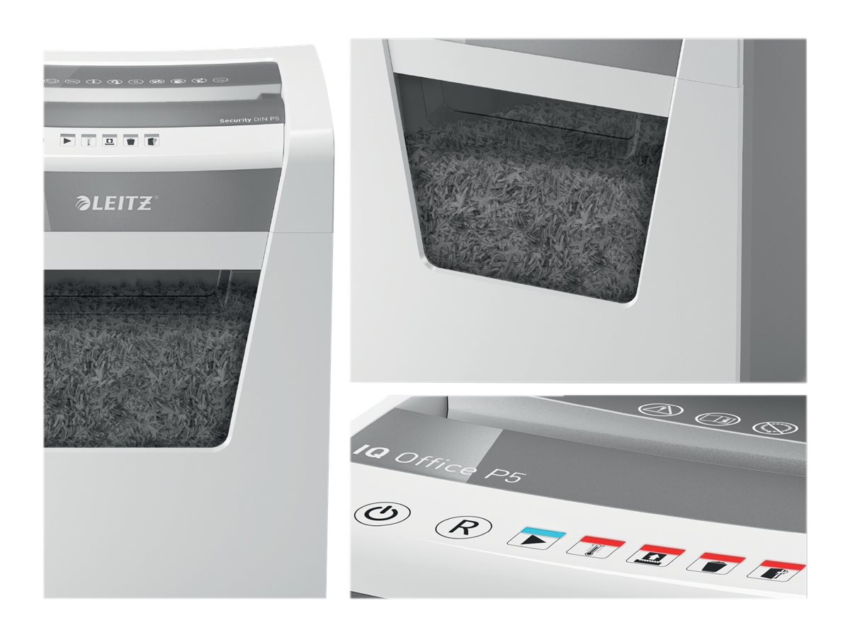 LEITZ IQ Office Aktenvernichter mit Partikelschnitt P-5, 2 x 15 mm, bis 10 Blatt, weiss