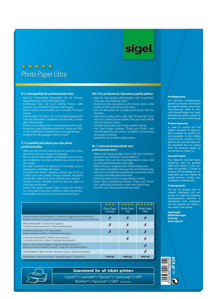 SIGEL Fotopapier IP639 DIN A4 hochglaenzend 190 g/qm 50 Blatt