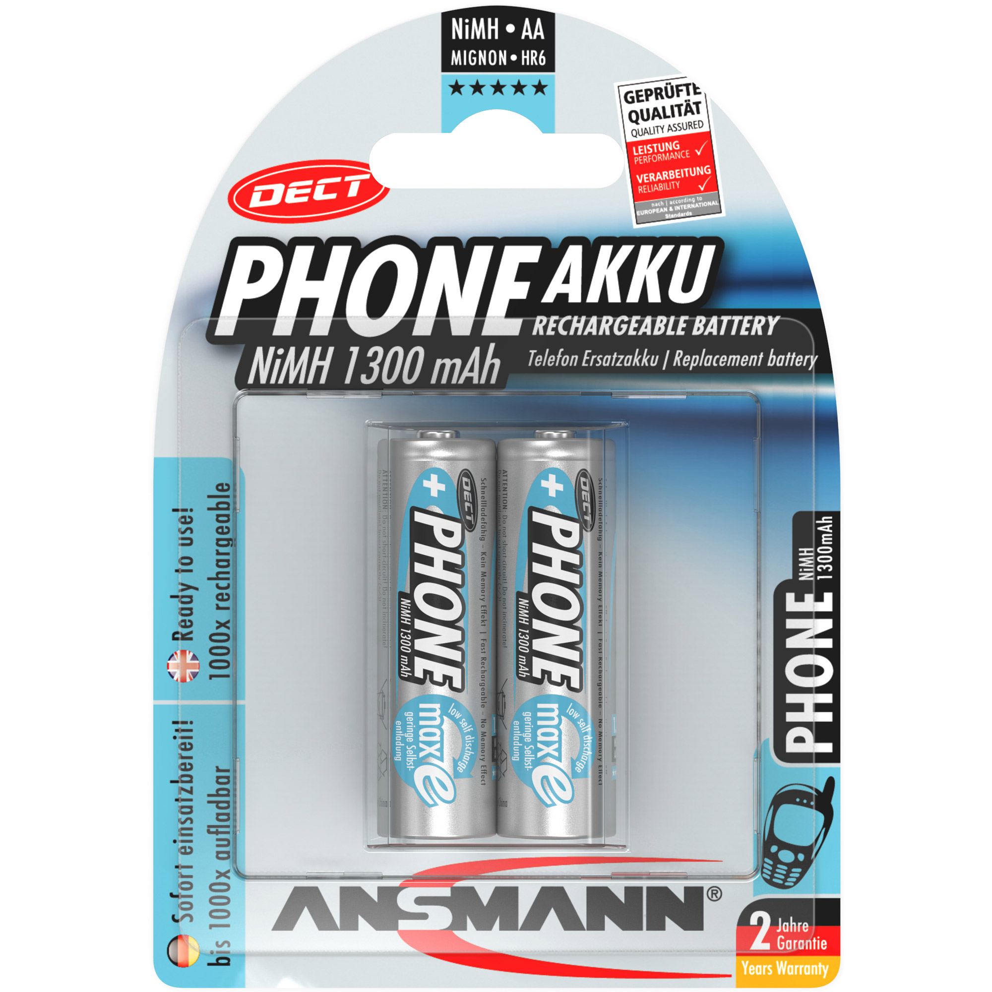 2 ANSMANN Akkus PHONE Mignon AA 1.300 mAh