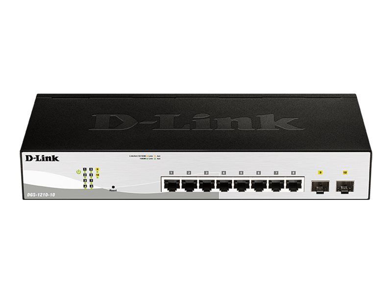 D-LINK DGS-1210-10/E 10-Port Smart+ Managed Gigabit Switch 8x 10/100/1000BASE-T 2x SFP lüfterlos 48,26cm 19Zoll Metallgehäuse